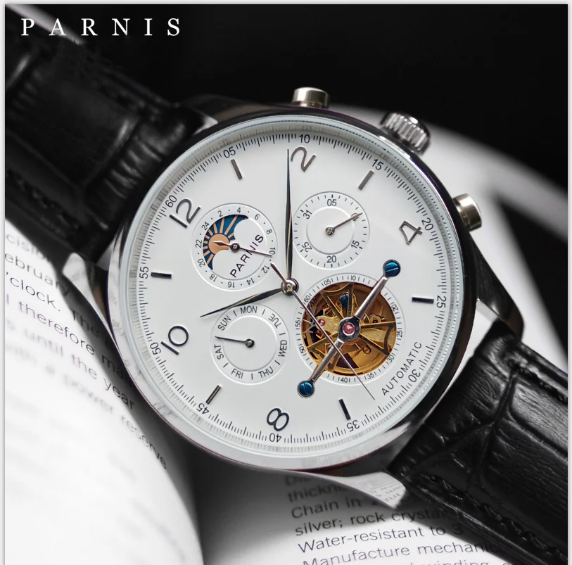 Parnis 43mm White Dial Automatic Men\'s Watches Moon Phase Calendar Men Wristwatch JHS35 Movement Mechanical Man Clock Box Gift