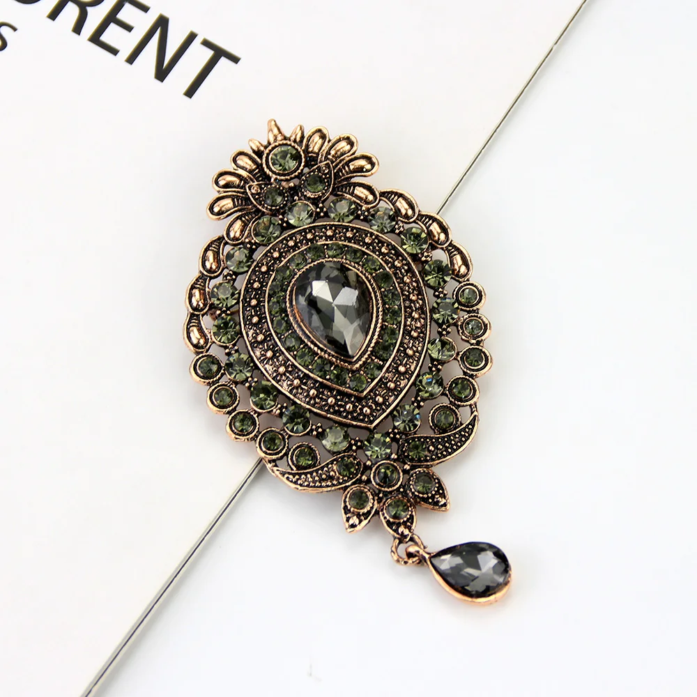 Sunspicems Vintage Turkish Crown Brooch Pins for Women Antique Gold Color Water Drop Resin Jewelry Ethnic Wedding Bridal Gift
