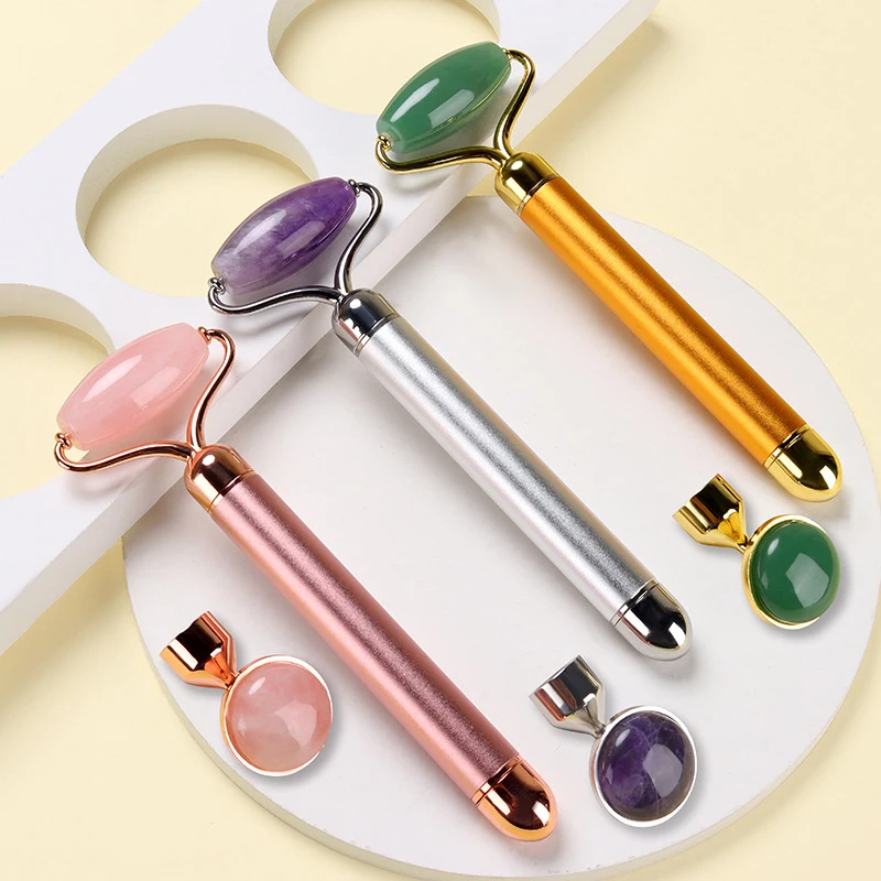 2 in 1 Electric Vibrating Natural Rose Quartz Jade Roller Face Lifting Crystal Jade Stone Facial Roller Beauty Massage Tool