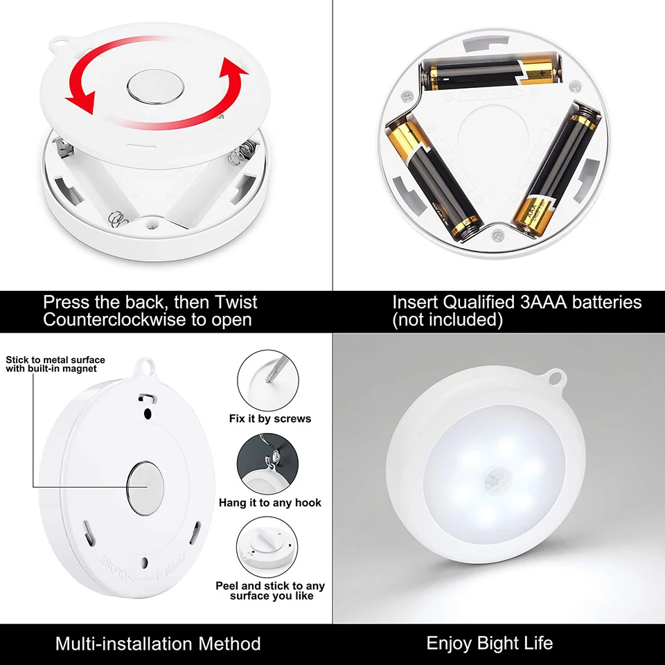 PIR Motion Sensor LED Night Light Battery Powered Night Lamp For Kitchen Cabinet Wardrobe Lamp Staircase Wireless Closet Lights