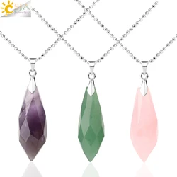 CSJA Natural Crystal Multi-faceted Pendant Necklaces Healing Point Water Drop Pink Quartz Tiger Eye Reiki Jewelry for Women G617