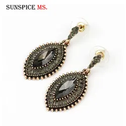 Sunspicems Retro Gold Color Gray Crystal Earring for Women Ethnic Wedding Drop Earring Bridal Gifts Indian Jewelry Wholesale