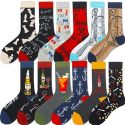 New  Winter Colorful Men's Socks Cotton Funny Wine Glass Stamp Math Medicine Pattern Calcetines Fashion Novelty Men Socks