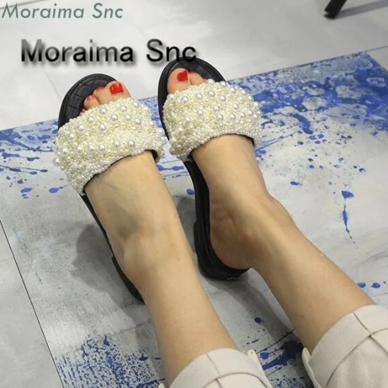 Moraima Snc-zapatos blancos y negros para mujer, zapatillas planas con cordón de perlas, Zapatillas de casa para verano