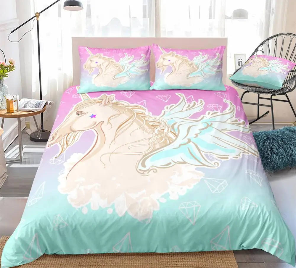 

Unicorn Bedding Set Pastel Duvet Cover Set Flying Horse Bed Linen Teen Kid Bedclothes Cartoon Horse Home Textile Unicorn Bed Set