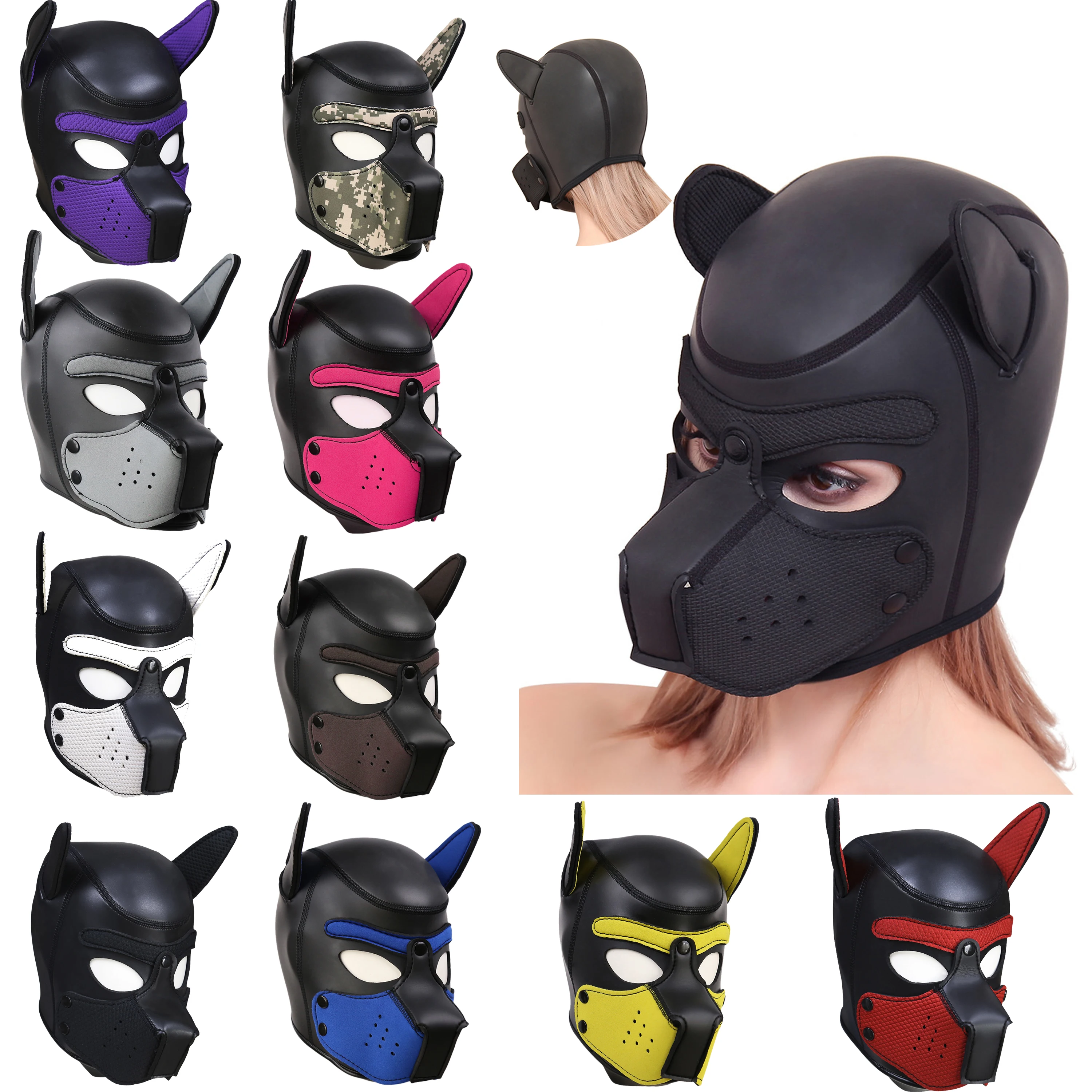 Sexy Party Masks Puppy Play Dog Hood Mask Padded Latex Rubber Role Play Cosplay Full Head+Ears Halloween Mask Sex Toy For Couple