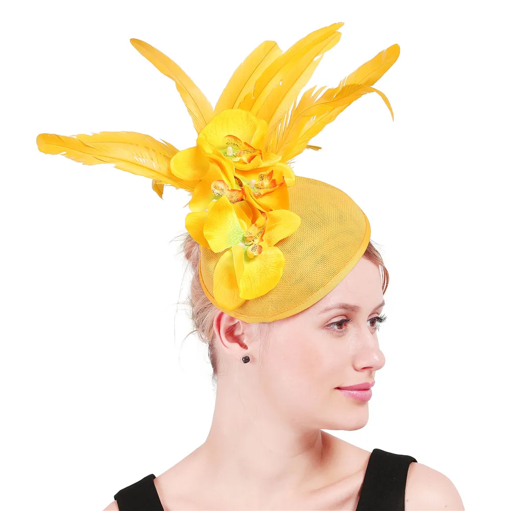 

Vintage YELLOW Feather Millinery Cocktail Hat Sinamay Base Fascinator Headwear Occasion Red Bridal Veils Hair Accessories XMF320