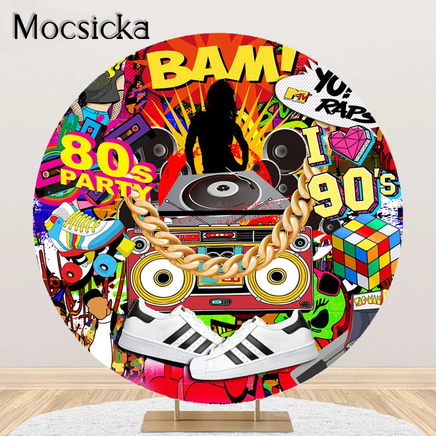 Mocsicka Hip Hop Party Decoration BackdropThrowback The 80S 90S Graffiti Wall Rap Music Theme Round Circle Cover Backgroud