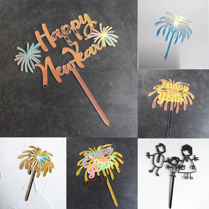 32 Style Happy New Year Cake Topper Golden Happy Family Fireworks Baking Cake Topper Christmas New Year Cake Decoration Supplies