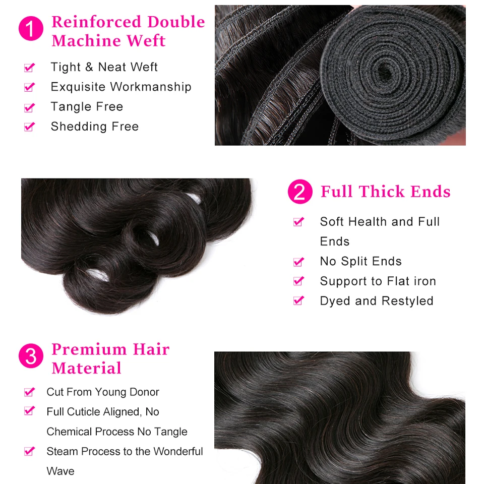 Paquete de cabello brasileño con cierre, ondas corporales, 3/4 paquetes con cierre, cabello humano natural 2