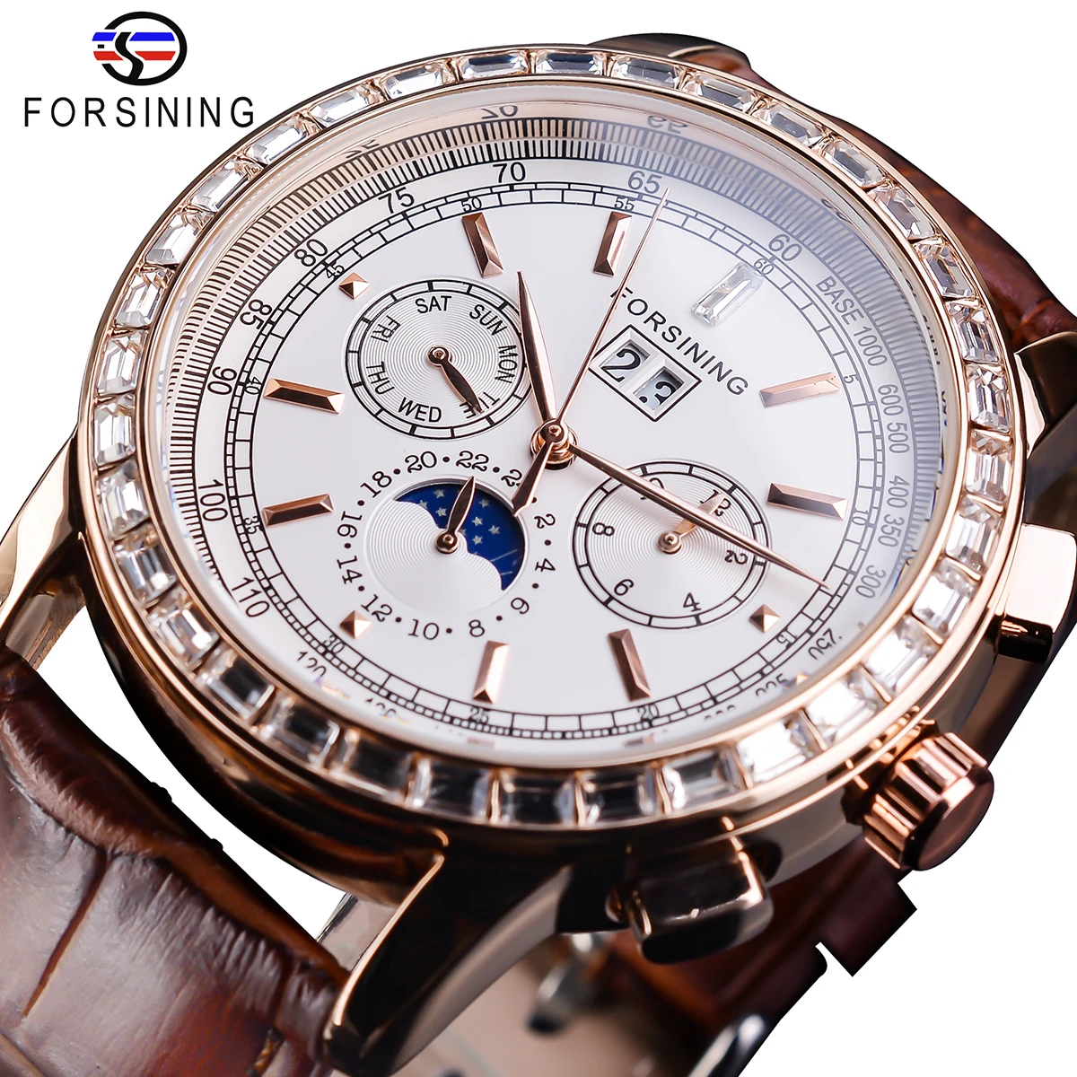 

Forsining Automatic Watch Men Moon Phase 3 Dial Multifun Mechanical Male Watches Casual Brown Leather Band Horloges Mannen Clock