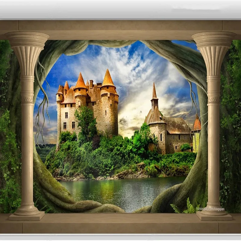 Custom 3D Photo Wallpaper Cartoon Tree Cave Castle Landscape 3D TV Background Wall Painting Stickers Papel De Parede Tapety