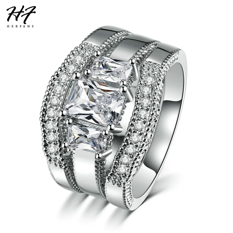 New Fashion Square Cut Cubic Zirconia White Gold Color 3 Pieces Ring Sets Luxury Engagement Rings for Women R645