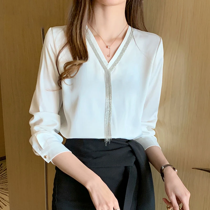 2020 outono novo estilo coreano all-match borla com decote em v camisa de cetim camisa feminina outono chemisier femme manga longa feminina 10494