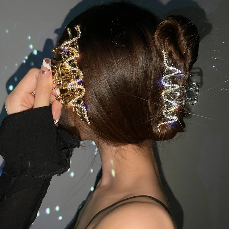 2021 New Gold Silver Rhinestone Shark Clip Catch Headdress Hair Catch Back Head Hairpin Hair Accessories Jewelry Korean Fashion