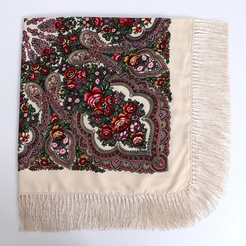 Scarf Winter Head Wrap Russian Fringed Square Women Retro Floral Pattern National Hijab Head Wraps Beach Travel Shawl Babushka