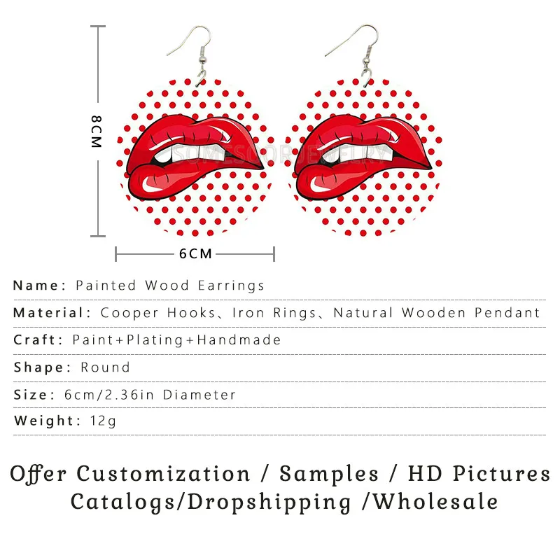 SOMESOOR Mixed 6 Package Wholesale Pink Kiss Sexy Lips Both Sides Printing Wooden Dangle Cute Lovely Fashion Earrings For Women