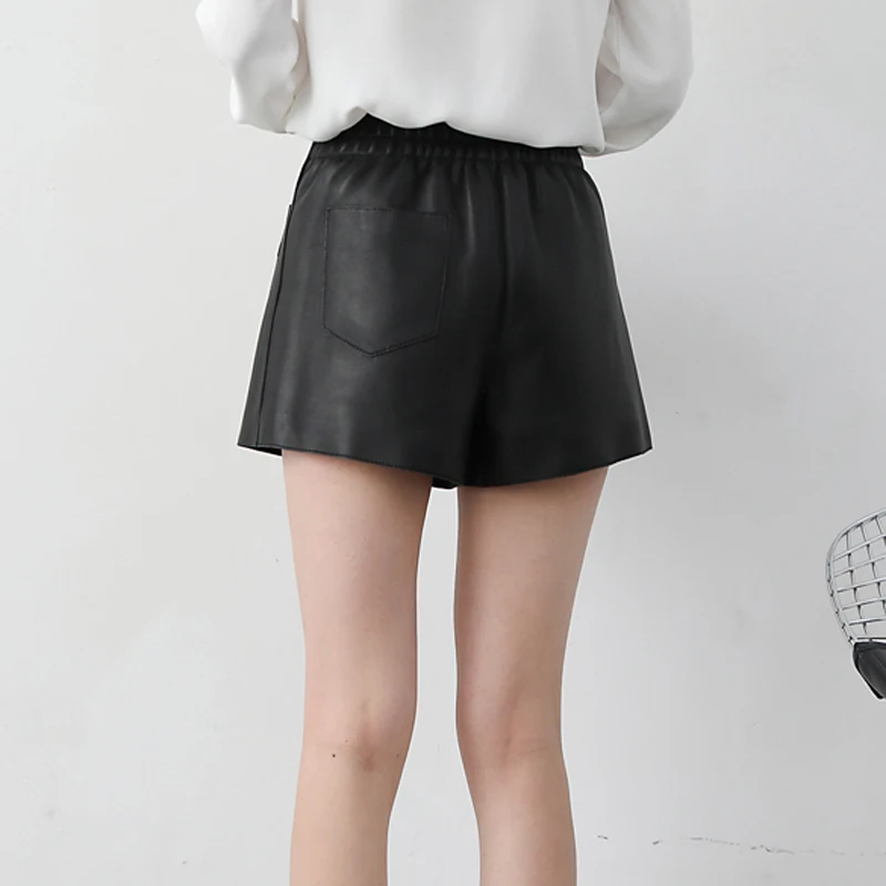 Ladies Genuine Leather Skirt Shorts Women Loose Korean Culottes Jupe Femme Elastic Waist Hip Sexy Streetwear Shorts With Pocket