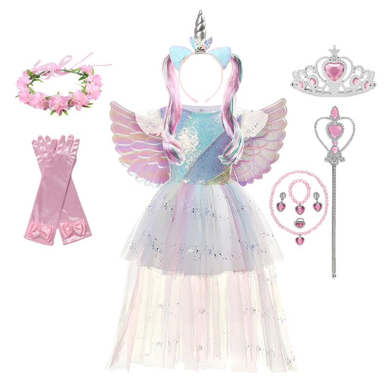 Halloween Unicorn Princess Dress Birthday Party Cosplay Angel Gown Children Mesh Tutu Skirt Pink Lace Sling Costume for Girls