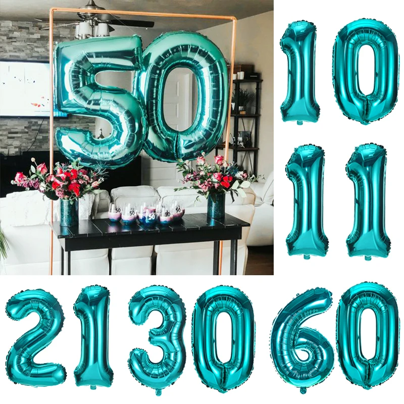 2pcs 32inch Blue Foil Number Balloon Birthday Big Turquoise Digital Balloons 11 16 30 40 50 60 Birthday Party Decoration