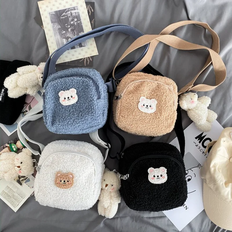 Kawaii  Embroidered Crossbody Bags with Bear Wool Women Shoulder Bags Small Plush Messenger Bags