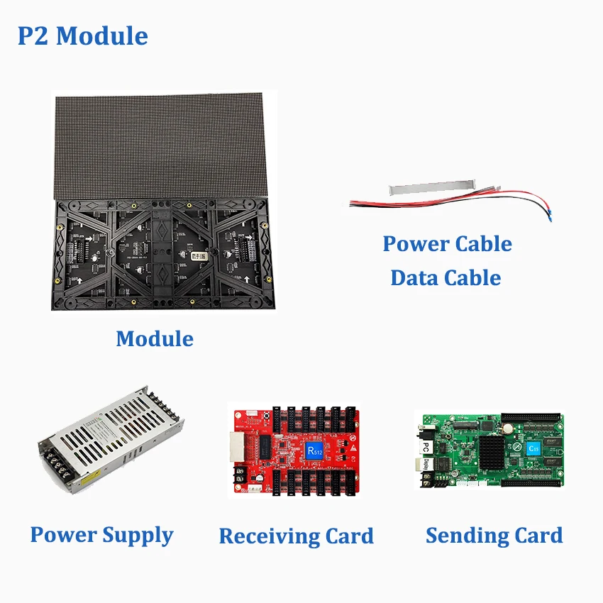 8pcs Indoor P2 256x128mm Module, 1pcs 5v60A Power Supply, 1pcs Receiving Card, 1pcs Sending Card, Led Video Wall Display Screen