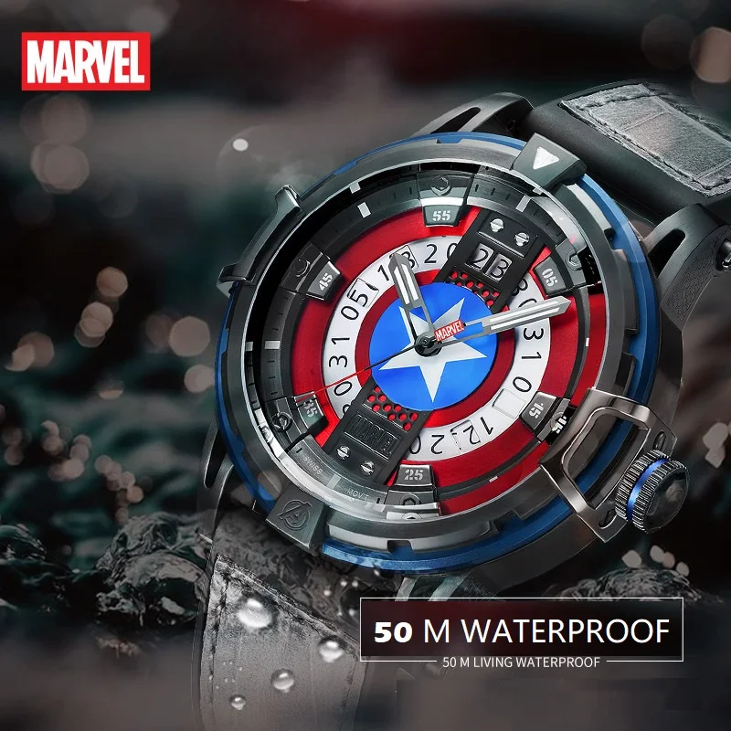 Disney Marvel Captain America Shell Mens Swiss RONDA Quartz Movement Casual Wristwatch Sapphire Crystal 5 Bar Luminous Calendar