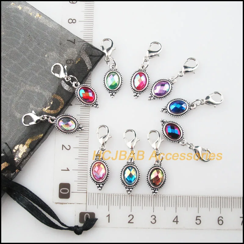 20Pcs Tibetan Silver Plated Flower Oval Frame Mixed Acrylic Charms Pendants With Lobster Claw Clasps 9x17mm