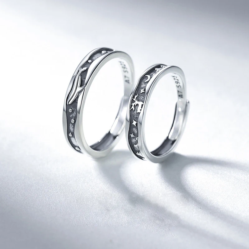 Vintage Creative Couple Rings for Lovers Statement Silver Color Engraving Whale Elk Star Moon Open Engagement Wedding Band Gift