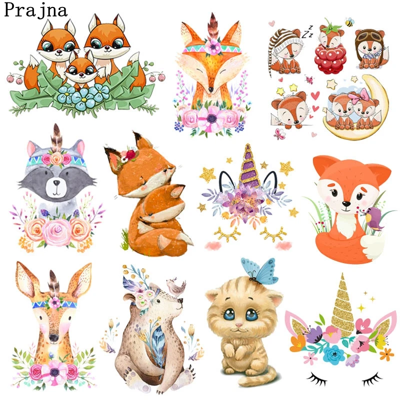 Iron-On Transfers For Clothing Stickers Fox Cat Unicorn Patches Heat Transfer Thermal Transfer For Clothes Cartoon Animal Badges