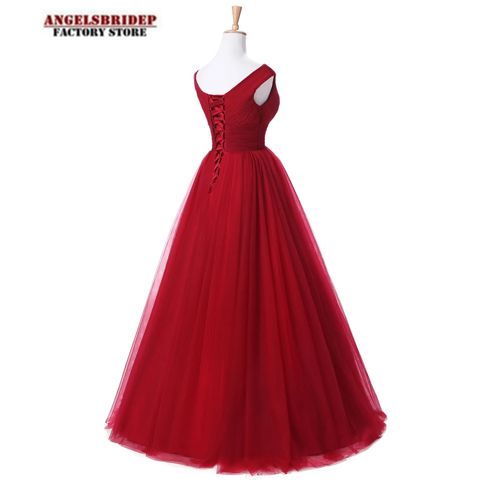 Suknie Wieczorowe Cap Shoulder Tulle Long Evening Dress V-Neck Pleat Womens Dress Vestidos De Festa Formal Party Gown Lace-up