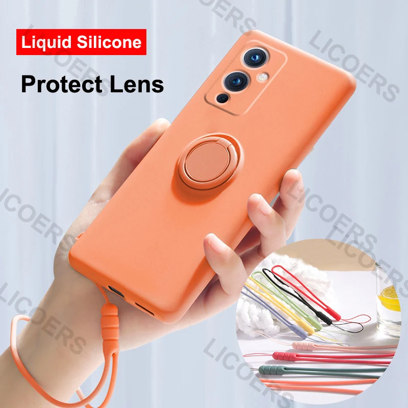 for Oneplus 9 Pro 9 5G Case Liquid Silicone Stand Holder Finger Ring Matte Full Protect Lens Camera Soft Cover One Plus 9 Funda