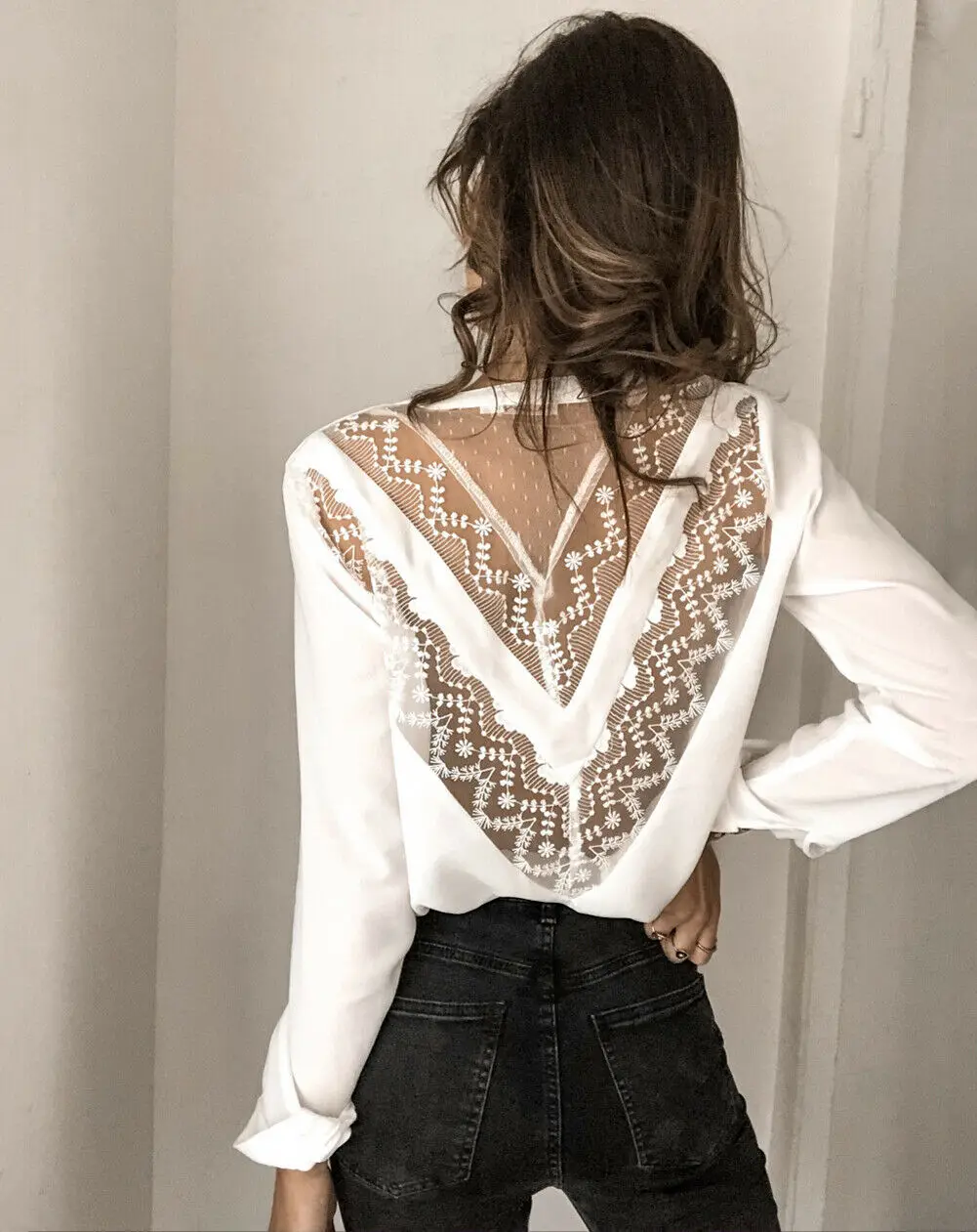 Women Chiffon V-Neck Blouse Summer Autumn Casual Long Sleeve Lace Solid Tops Loose Elegant Chic Bluses Shirts Plus Size