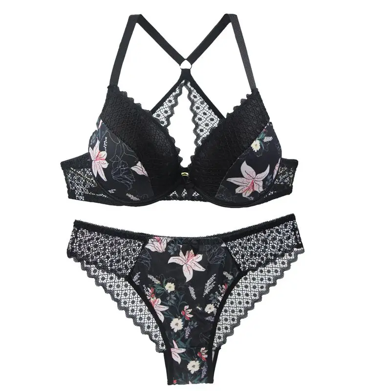New 2020 sexy 3/4 cup back closure lace women bra set thong hollow out underwear intimante lingerie