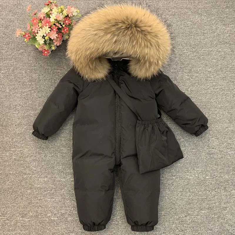 -30 Degree Infant Snowsuit Real Fur Collar Duck Down Filling Thick Warm Toddler Boys Girls Down Rompers Baby Winter Jackets