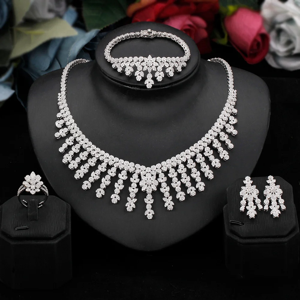 Fashion Brand Women Wedding Jewelry Set All Studded With Cubic Zirconia Beautiful Bridal 4 PCS Sets Necklace Ring