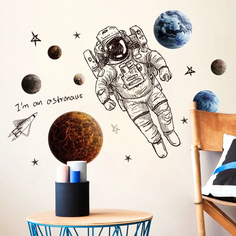 modern Art planet astronaut in space wall stickers children\'s room boy bedroom wall decoration self-adhesive wallpaper decals
