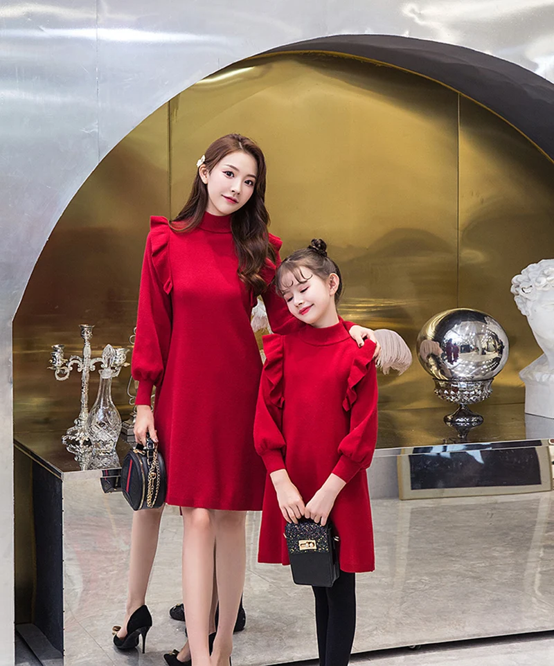 Girls Red Knitted Sweater Dress Korean Style Family Clothes Fall Winter Children Long Knitwear Mother-Child Ruffles Dresses P363