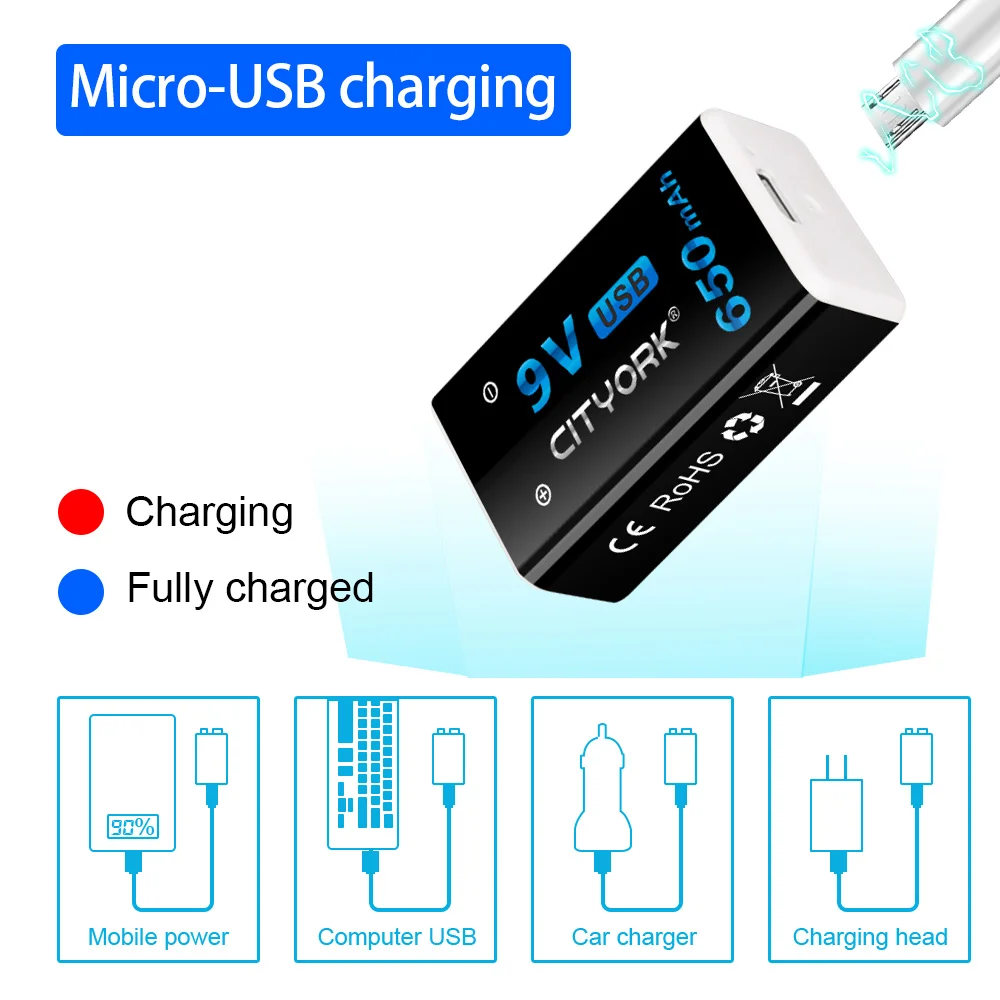 9V Rechargeable Li-ion Battery USB 650mAh Lithium 6F22 Batteri 9 Volts Crown For Multimeter Smoke Alarm Metal Detector Krone