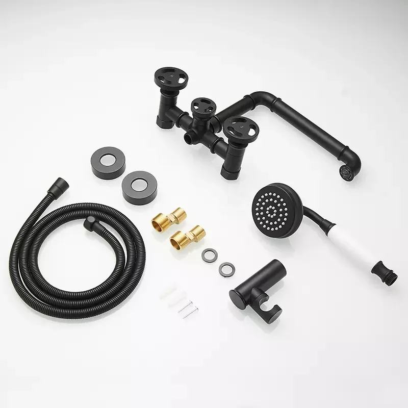 Imagem -05 - Banheira Torneira do Chuveiro Conjunto Moderno Industrial Ins Preto Banheiro Misturador do Chuveiro de Bronze Dupla Alça Fixado na Parede com Chuveiro Mão