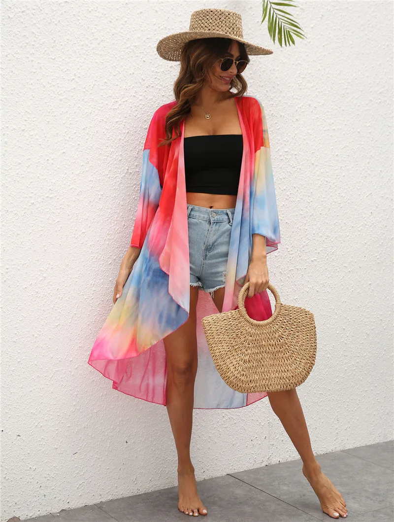 

2021 Summer New Hot Sale Women's Multicolor Stitching Swimming Smock Women's Beach Bohemian Cardigan Swimsuit Beach Bikini Smock