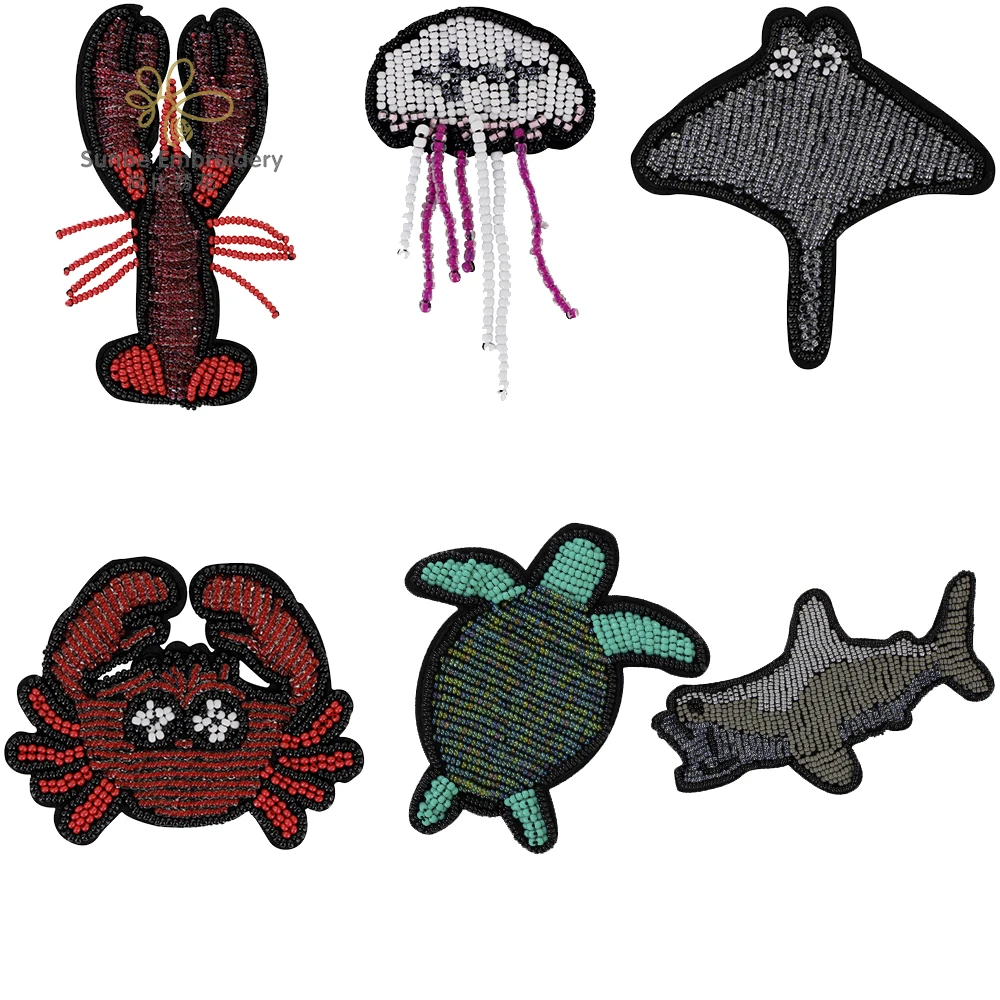 Beaded Jellyfish Lobster Squid Fish Lobster Crab Patches Handmade Badges Craft Sew on Decorative Fashion Applique