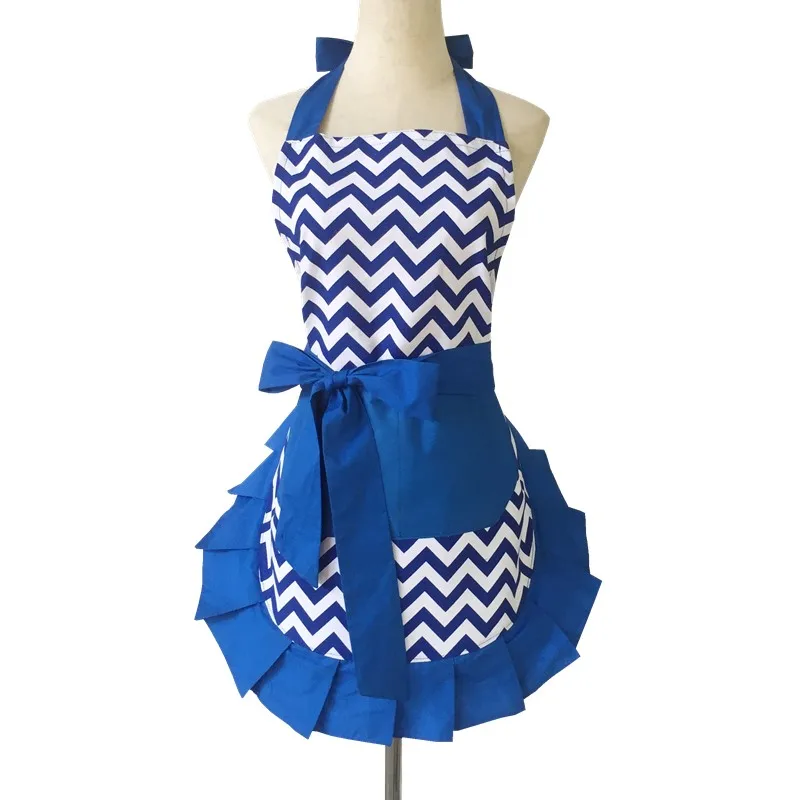 Lovely Vintage Blue Wavy Stripe Floral Ruffle Side Kitchen Cooking Apron with Pocket Gift for Women Girls Housewarming