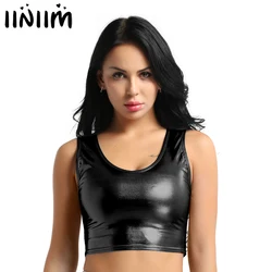 iiniim Womens Femme Night Party Pole Dance Camis Streetwear Shiny Metallic Tank Crop Top Vest Bustier Blouse Shirt Sexy Clubwear