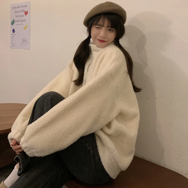 KOSAHIKI 2024 Autumn Winter New Fur Coat Womens Cartoon Bear Embroidery Lamb Wool Ladies Faux Jacket Japanese Harajuku