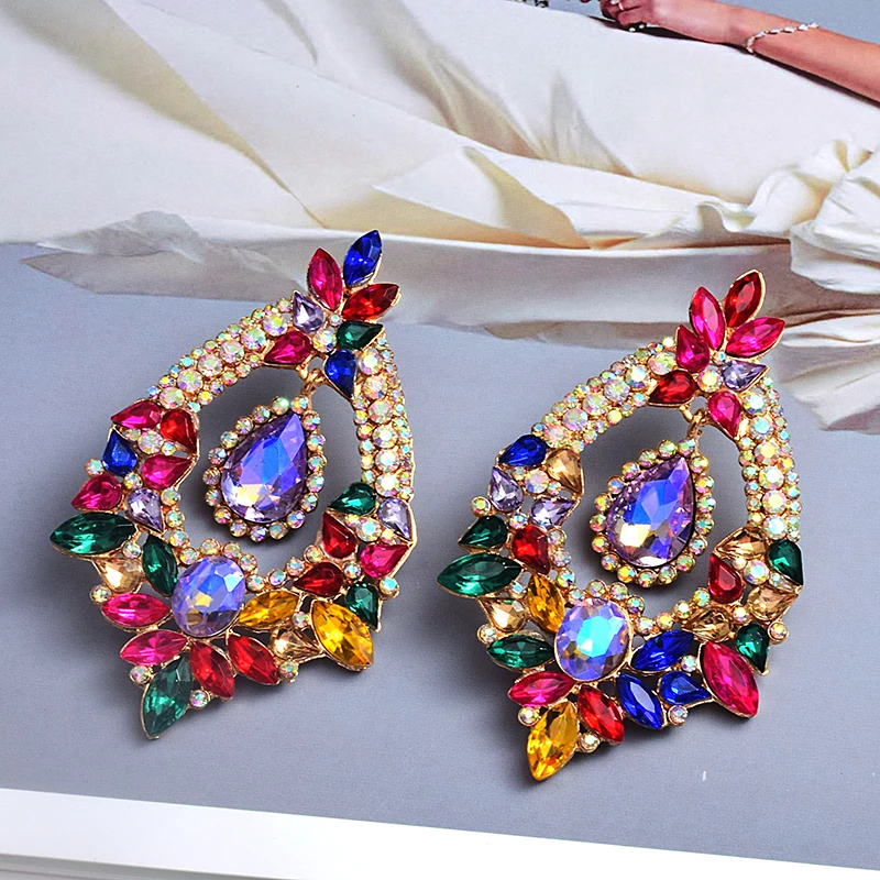 Crystal Big Earrings For Women Flower Pendant Blue Green Statement Earrings Large Rhinestone Earrings Party Jewelry