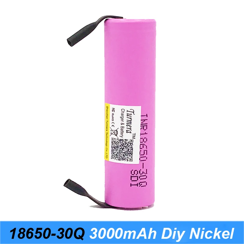 Turmera 15A Soldering Nickel 18650 30Q 3000mAh Battery for 12V 16.8V 18V 25V Electric Drill Screwdriver Batteries and E-bike Use