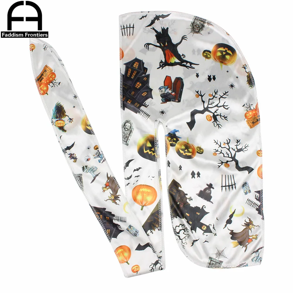 3 Colors Unisex Men Halloween Silk Durag Bandanas for Men Wave Cap Cartoon Print Silky Durags Headwear Durag