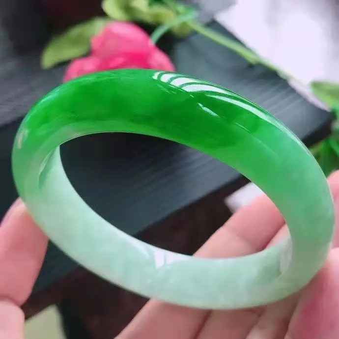 

100% Real Green Jade Bangles Natural Emerald Floating Flower Hand Decoration Accessories Crafts Bracelet Jewelry PartyGift