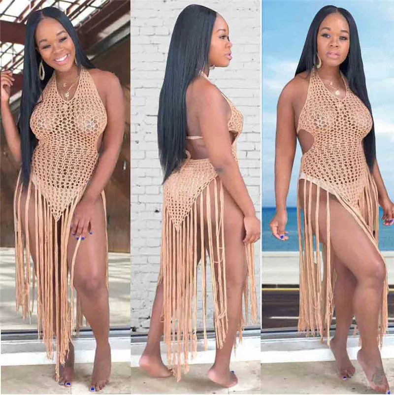 Strand Häkel-Bikini-Vertuschung, sexy Neckholder, rückenfrei, Badeanzug, durchsichtig, aushöhlen, lange Quaste, Strickkleid, weibliche Badebekleidung